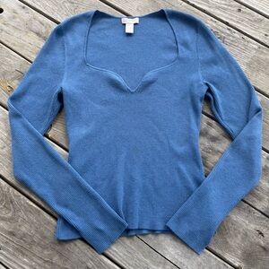 H&M blue Ribbed Knit Top beautiful neckline